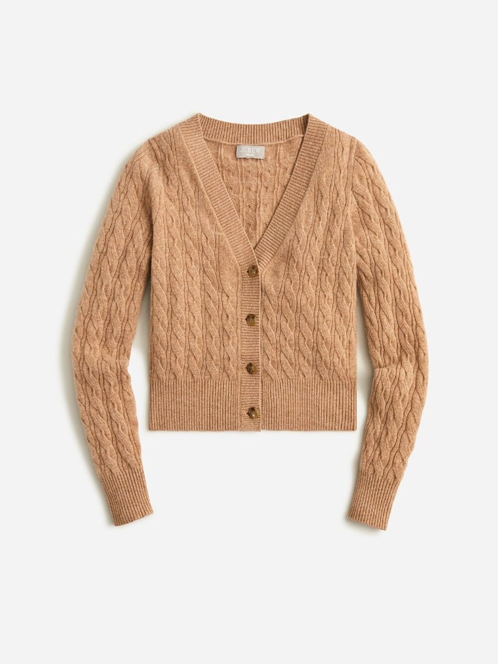 J. Crew Cashmere Shrunken Cable-Knit V-Neck Cardigan - Heather/Camel/XL